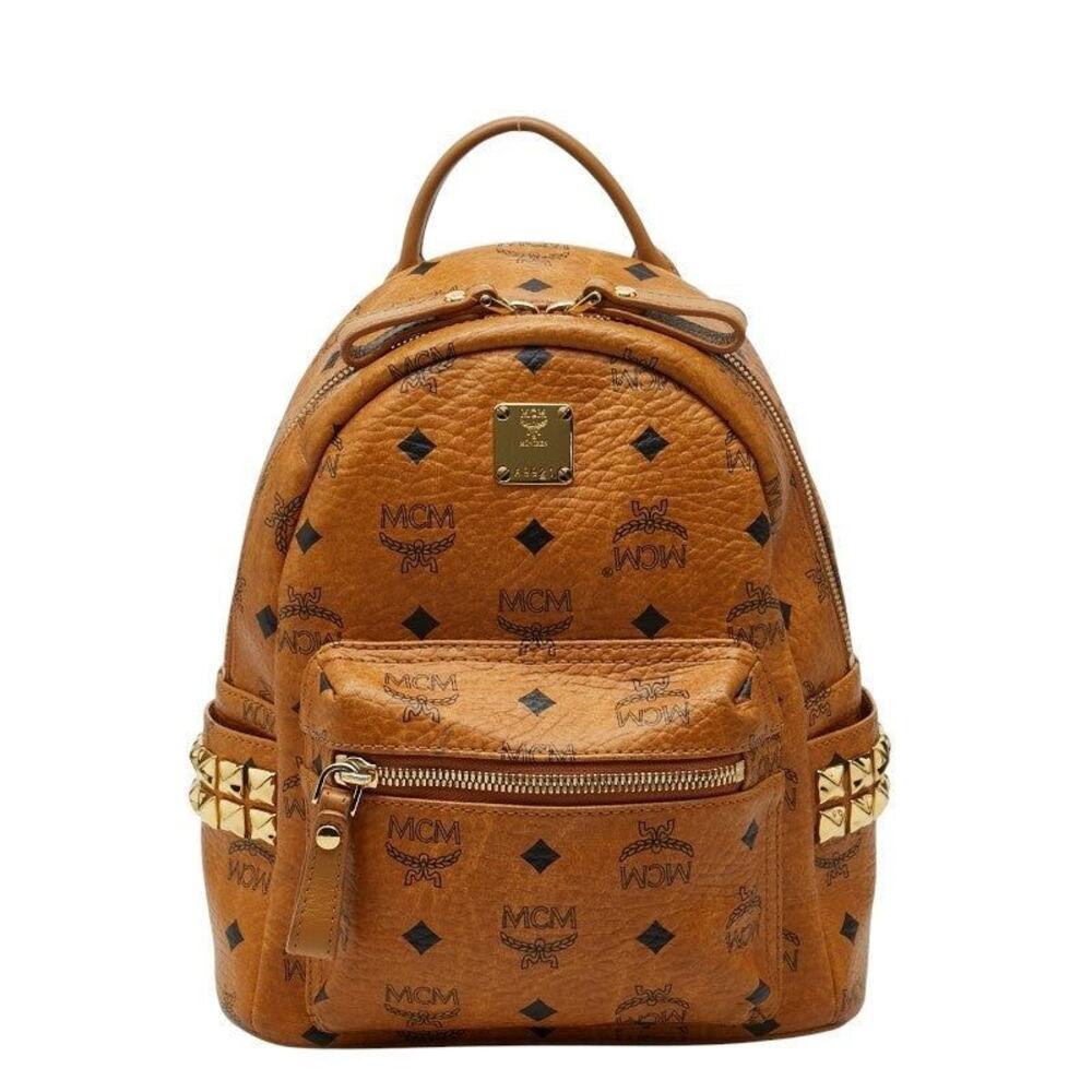 MCM Visetos Monogram Studs Leather Backpack Brown